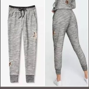 Victoria's Secret Pink Gray Marl Black Gold Star Bling Skinny Jogger Pant M